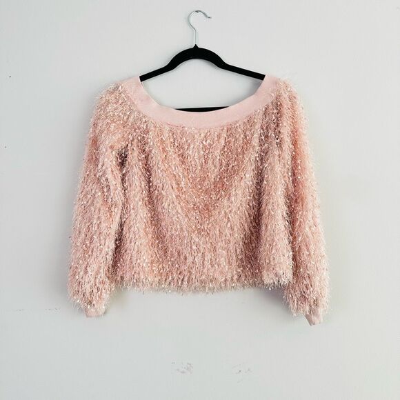 Touch Me Pink Cropped Boat Neck Long Sleeve Eyelash Knit Sweater Medium - Picture 1 of 5